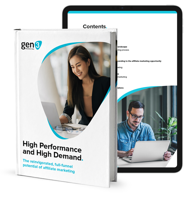 The "High Performance and High Demand" report as a book with a tablet behind it showing the report's "Contents" page.