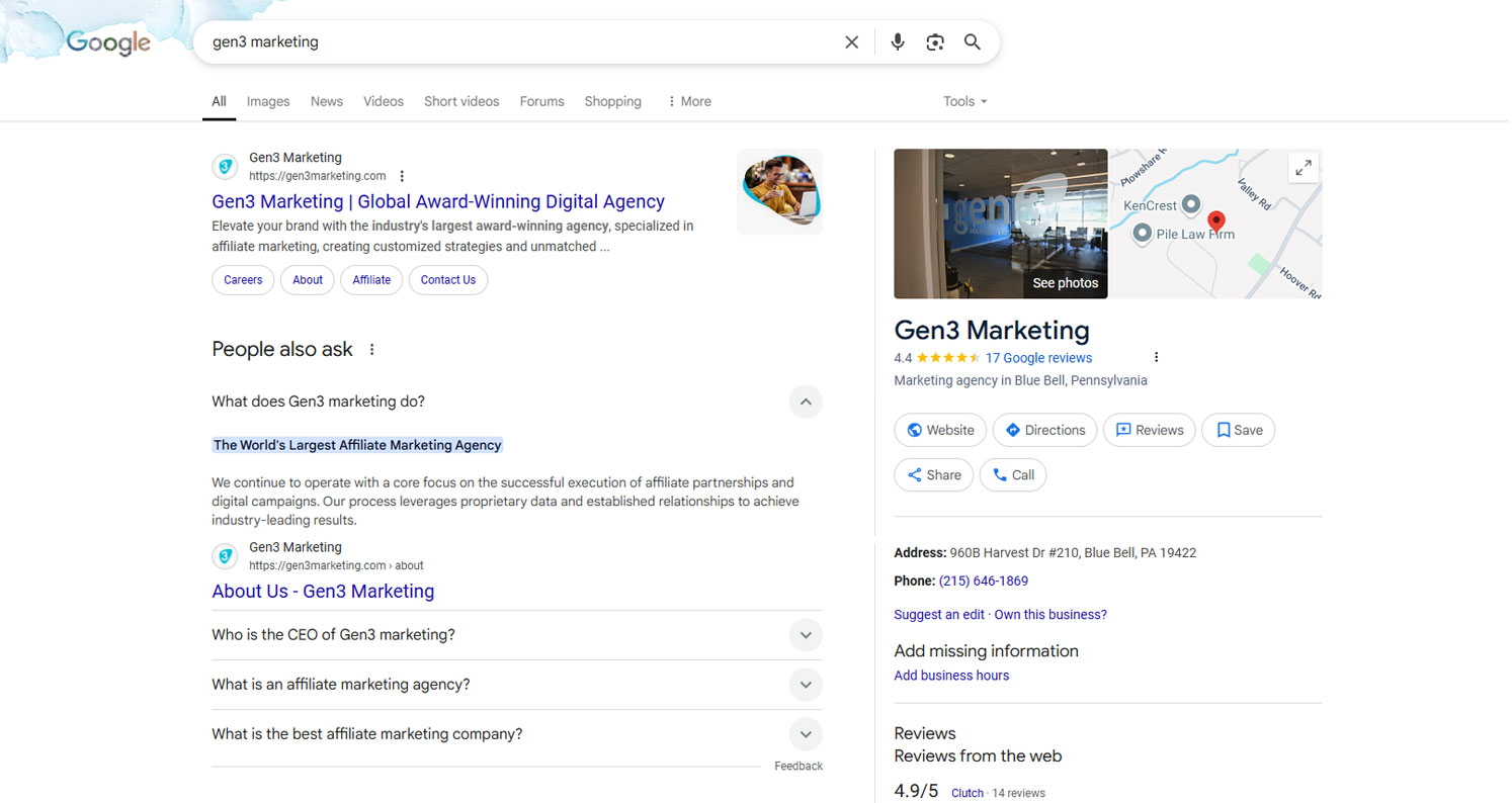 Screenshot of a Google Search results page for Afflusion Marketing. It includes a knowledge panel, people also ask, Google reviews, and other SERP features.