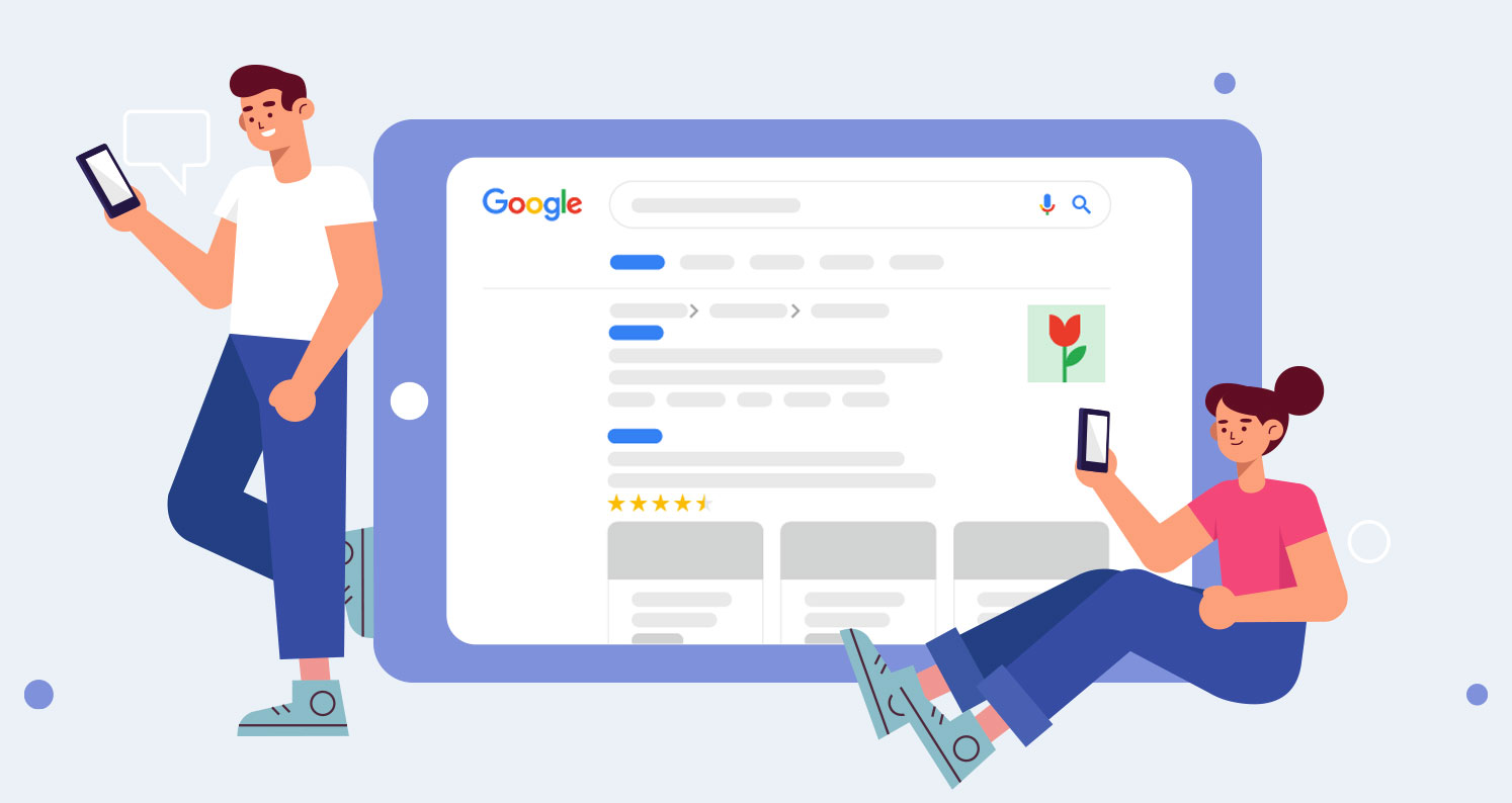Illustration of two characters using mobile phones with a large screen behind them displaying a stylized Google Search results page with text snippets, product listings, and a five-star review.