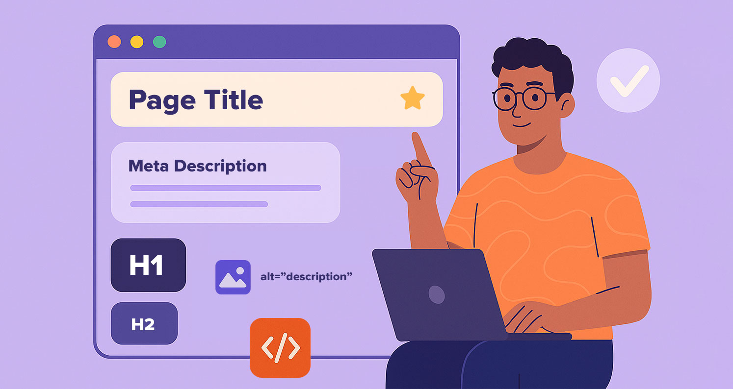 Illustration of a man using a laptop, pointing upward toward a digital browser window displaying SEO elements such as page title, meta description, headings (H1, H2), image alt text, and HTML tags.