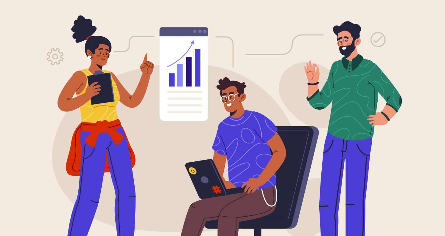 Three diverse team members collaborate in a modern office setting with charts and digital visuals, symbolizing small business strategy and SEO growth planning.